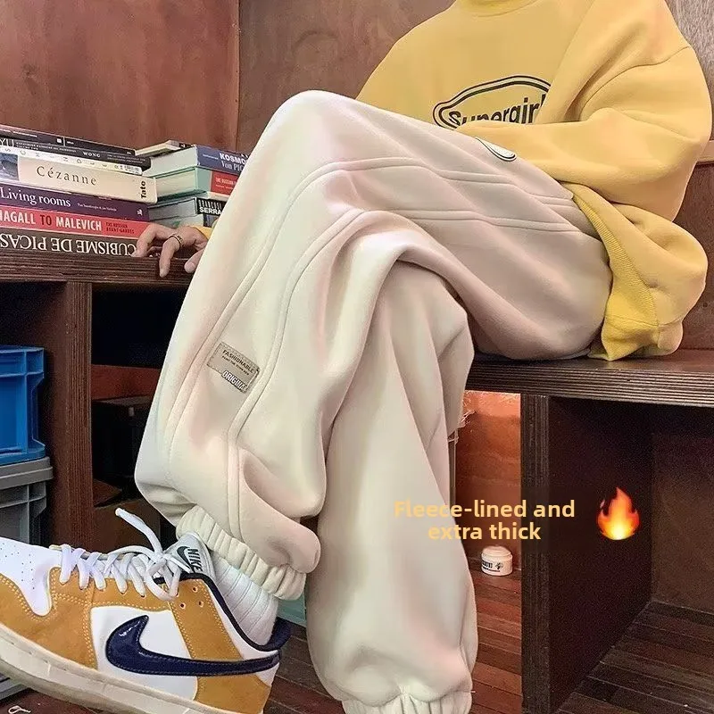 

Универсальные мужские повседневные брюки свободного кроя с прямыми штанинами, модные брюки в гонконгском стиле с манжетами, из полиэфирного волокна, с высокой талией, на все времена года