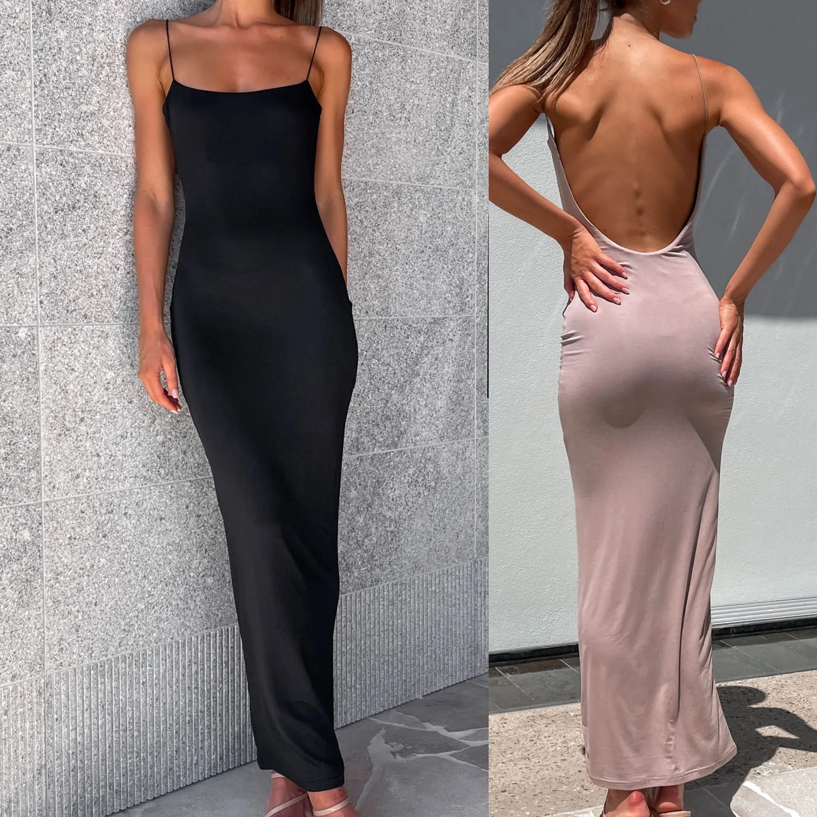 

2023 Spot Wholesale Women's New Dress with Sleeveless Open Back Solid Color High Waist Sexy Dress Commuter Style Sexy Long Dress