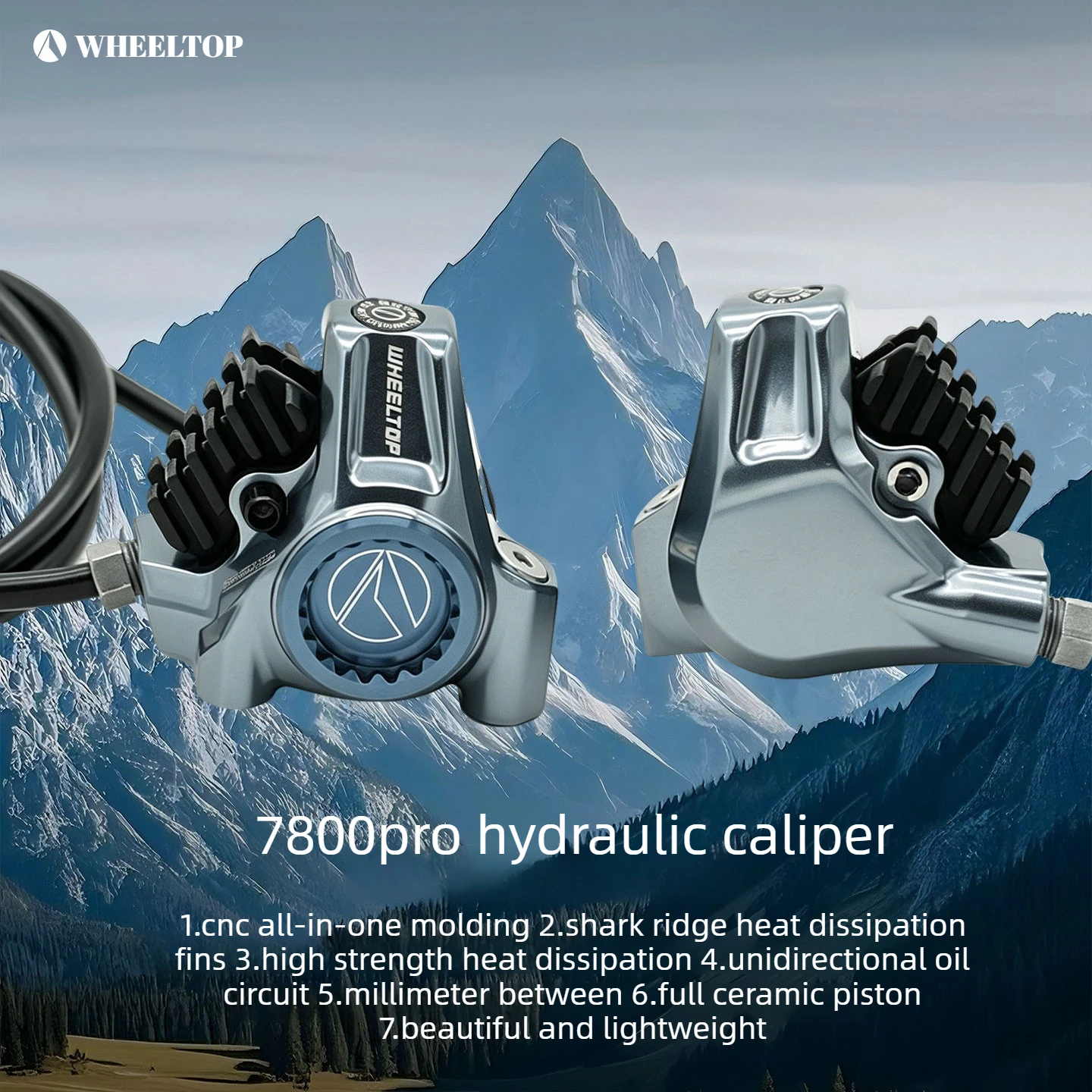 Wheeltop 7800PRO Hydraulic Disc Brake Caliper Full Ceramic Pistons Blue-Grey One-Way Oil Circuit Equipped with Brake Pads
