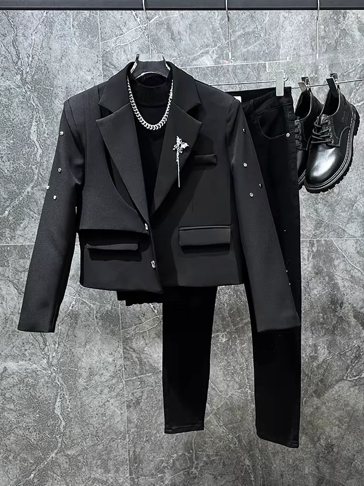 2025 spring fall new blazer design sense metal decoration korean version padded shoulder suit top men's trend