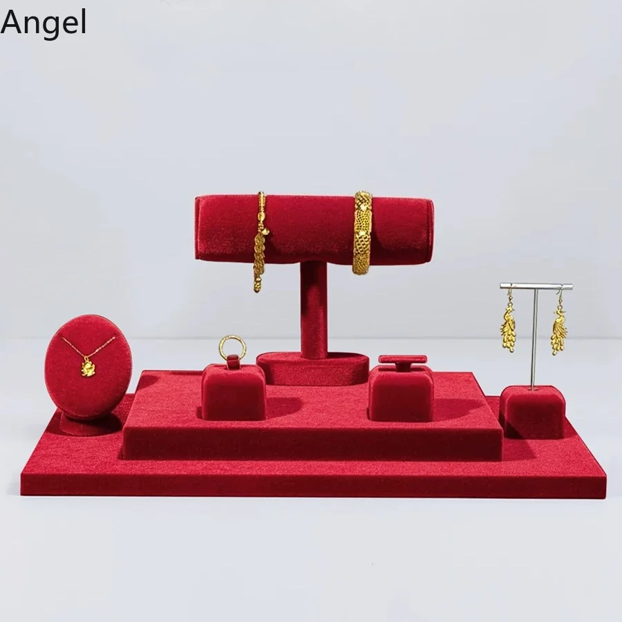 

High-End Red Velvet Jewelry Display Stand, Gold Jewelry Showcase Rack for Necklace Beads Earring, Store Counter Organizer Prop