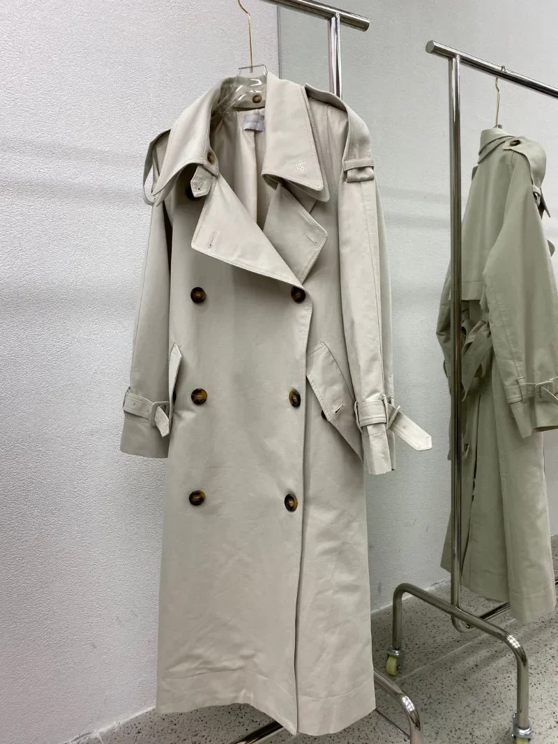 Fall New Classic Double Breasted Stone Grey Khaki Trench Coat