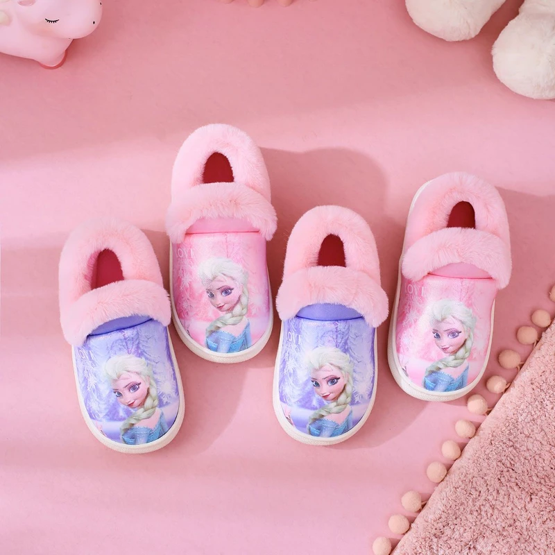 Disney Frozen Children\'s Cotton Slippers Winter Girls Cartoon Elsa Princess Girls Cotton Warm Purple Blue Shoes Size 19-25cm