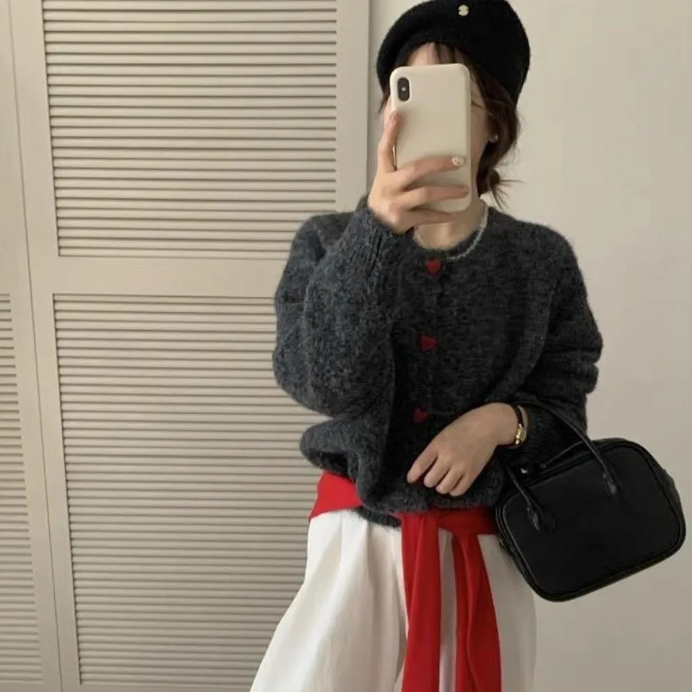 

New Warm Knitted Cardigan Round Neck Love Buckle Casual Tops Slim Sweater Women