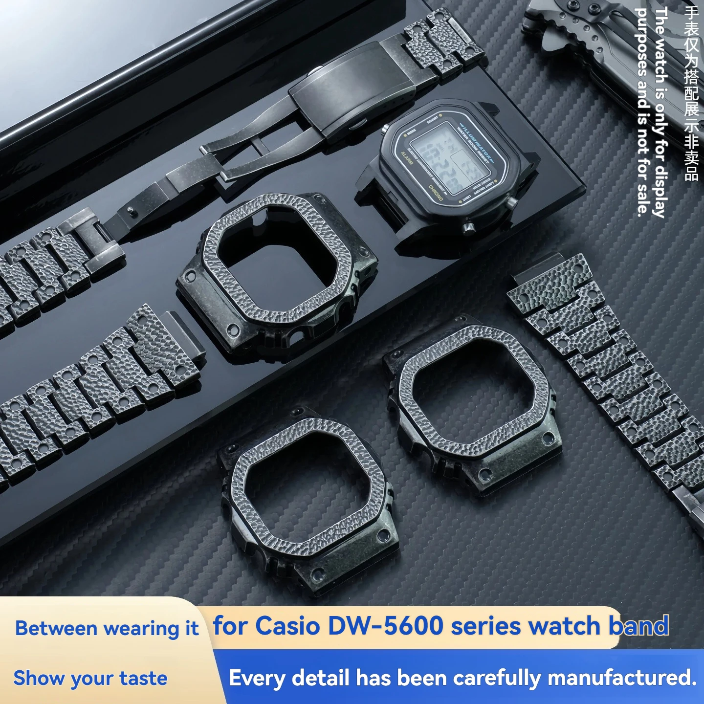 Titanium Stainless Steel Mod Kit for Casio G-Shock DW5600/GW-B5600/GA2100/GMWB5000, Hammer Pattern Metal Case + Strap Accessorie