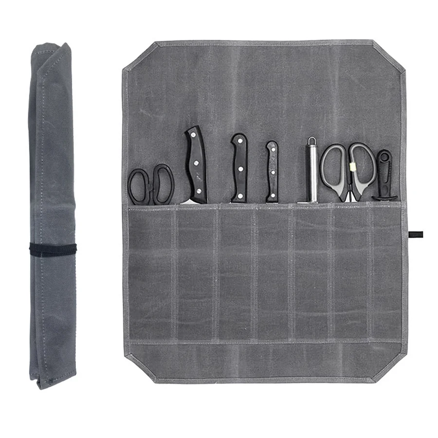 Canvas-Rolltaschen Tragbare Aufbewahrungstaschen Kochutensilien-Tragetasche Wasserdichte Rolltasche mit 7 Fächern – Detail 6