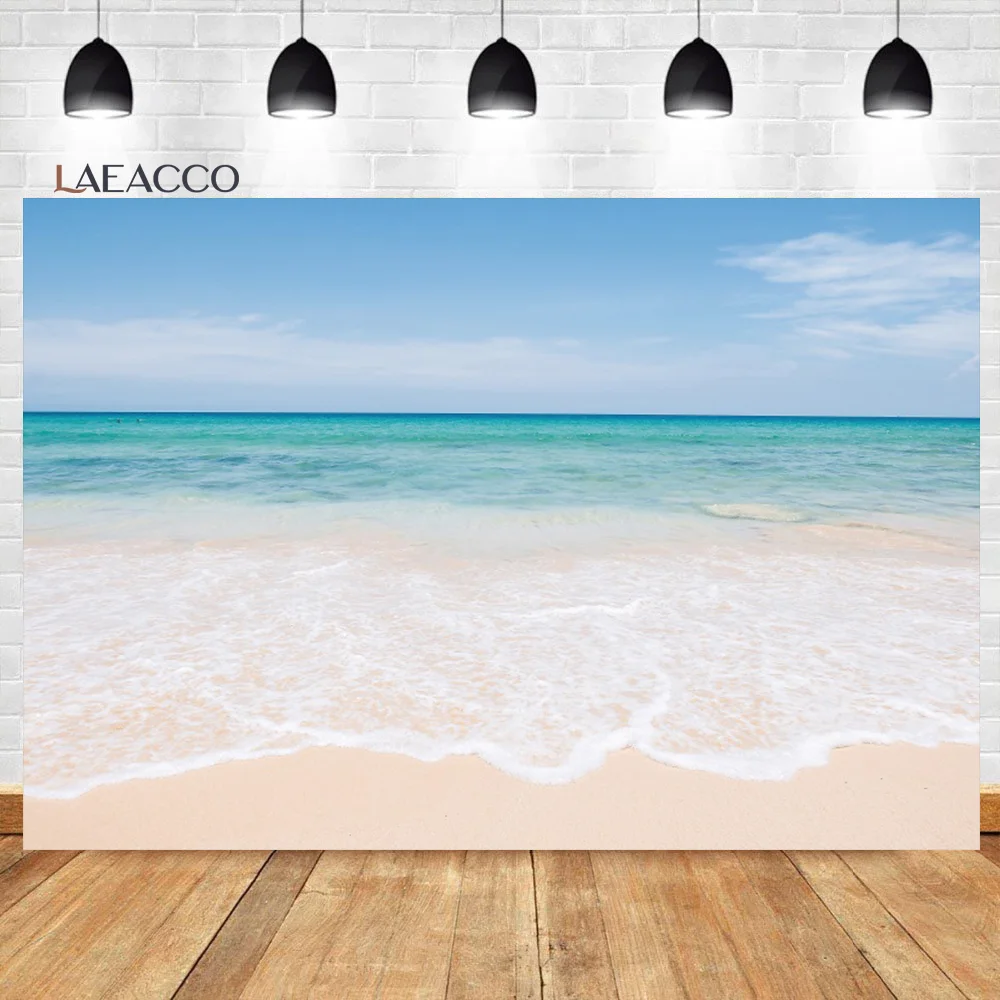 Laeacco Summer Beach Photography Background Seaside Sand Blue Water View Sky Coulds Wedding Holiday Vacation Portrait Backdrop