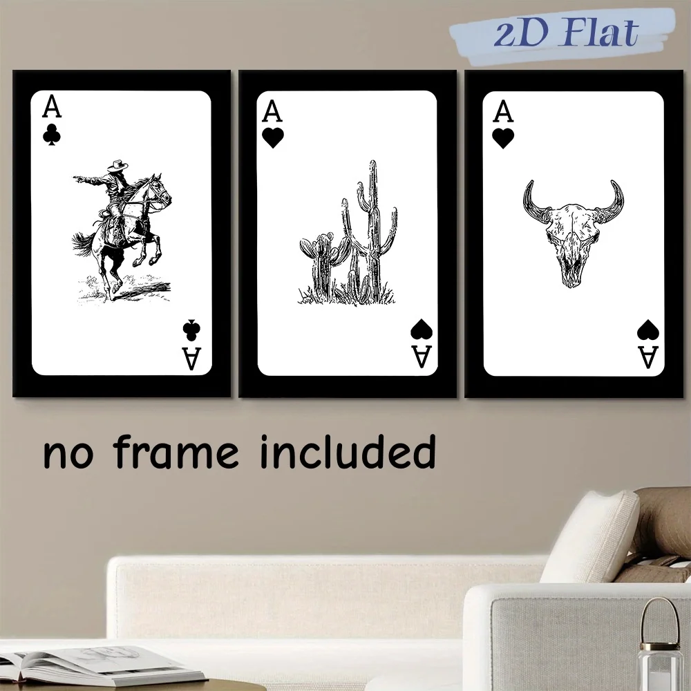 3-Piece Set of American Western Style Spades A Cowboy Riding Decoration Painting Living Room Entrance Frameless Canvas Hanging P