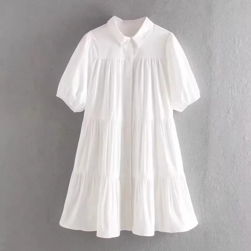 

White Polo collar puff short-sleeved shirt dress for women, chic loose preppy style sweet forest princess doll dress 2024 summer