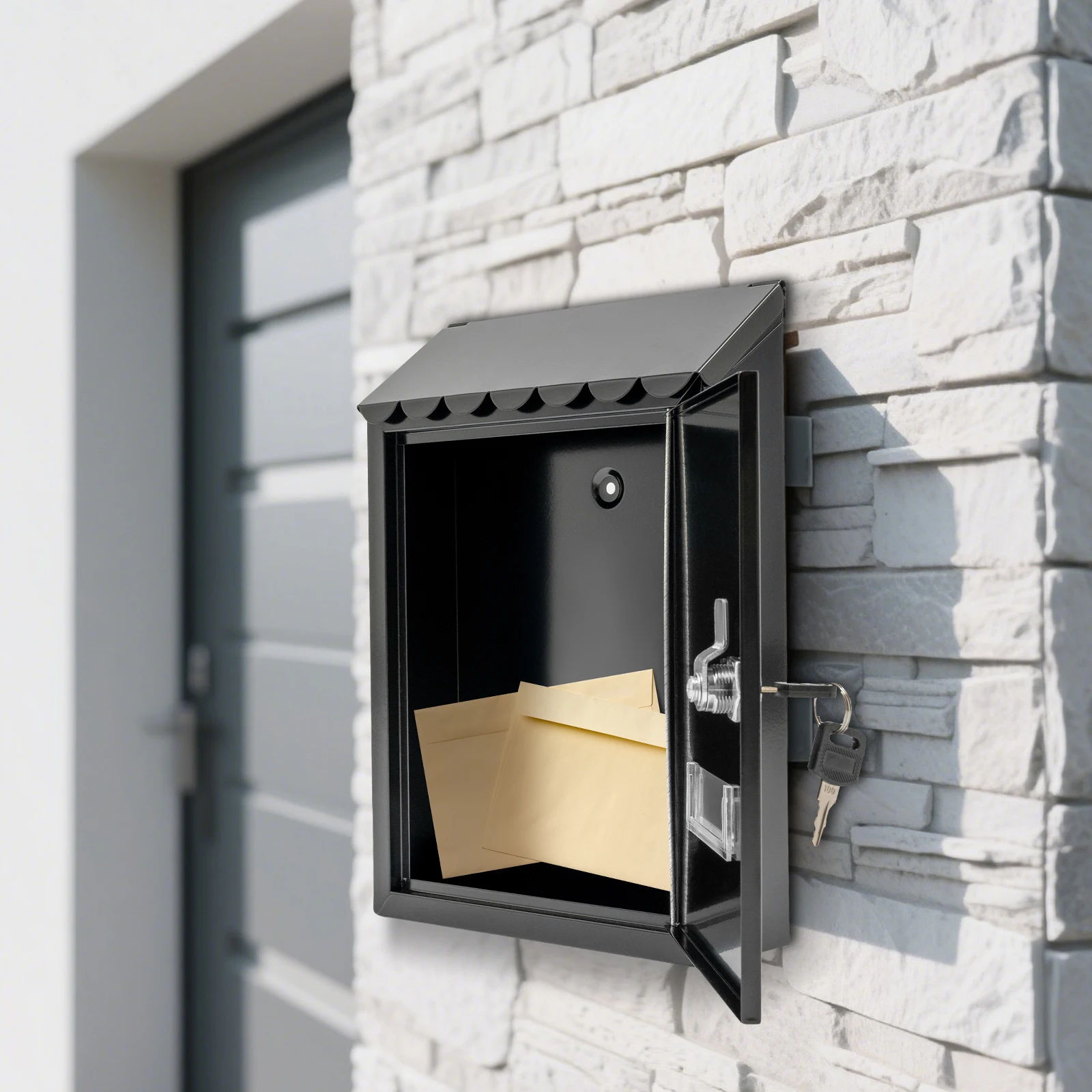 صندوق بريد مثبت على الحائط من الحديد الأسود الحديث بارتفاع 30 سم مقاوم للصدأ المجلفن للديكور المنزلي الخارجي