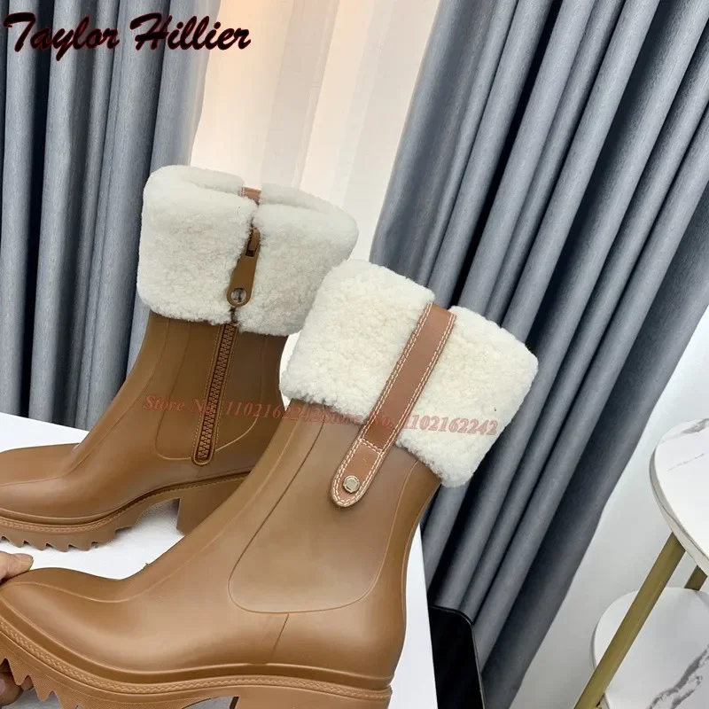 Botas de lluvia marrones de lana de cordero, botas de nieve de cuero genuino antideslizantes con cabeza cuadrada, botas cortas impermeables con cremallera lateral a la moda de 7cm
