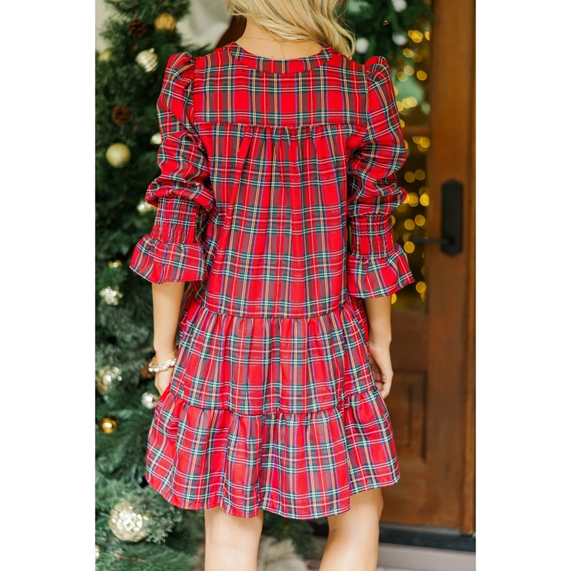 Combhasaki Minivestido navideño a cuadros para mujer, fruncido, manga larga, cuello en V, corte holgado, fluido, informal, Y2k, vestidos cortos