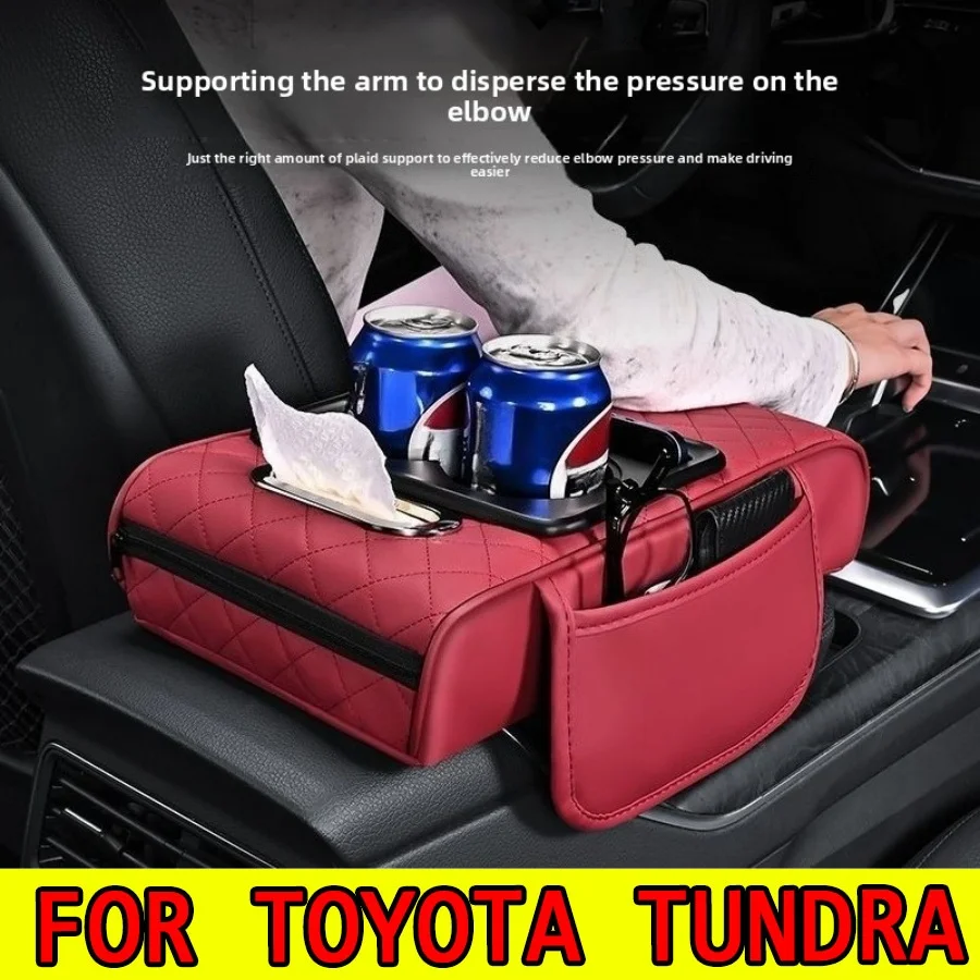 

For Toyota Tundra Double Cab 4-Door 2008-2023 Car Armrest Box Pad with Cup Holder, PU Leather Non-Slip Fixed, Heightened Storage