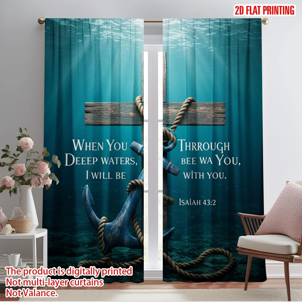 

2pcs 2D flat printing Party Curtain Faith Hope Anchor Cross Fabric Without Electricity 0 Perfect for Door Wall Yard