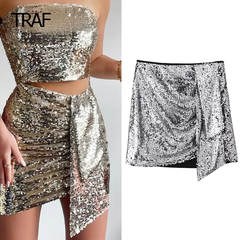 

TRAF Mini Sequins Skirts Women's Skirt Summer 2024 High Waist Lace-Up Short Skirt New In Skirt Chic And Elegant Luxury Skirts