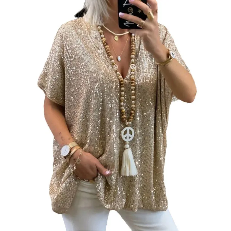 Loose Sequin V-Ne T-irt Women's plus Size 3XL Top Summer Casual ort Sve Net Fabric  Color Faion Ladies' Tee