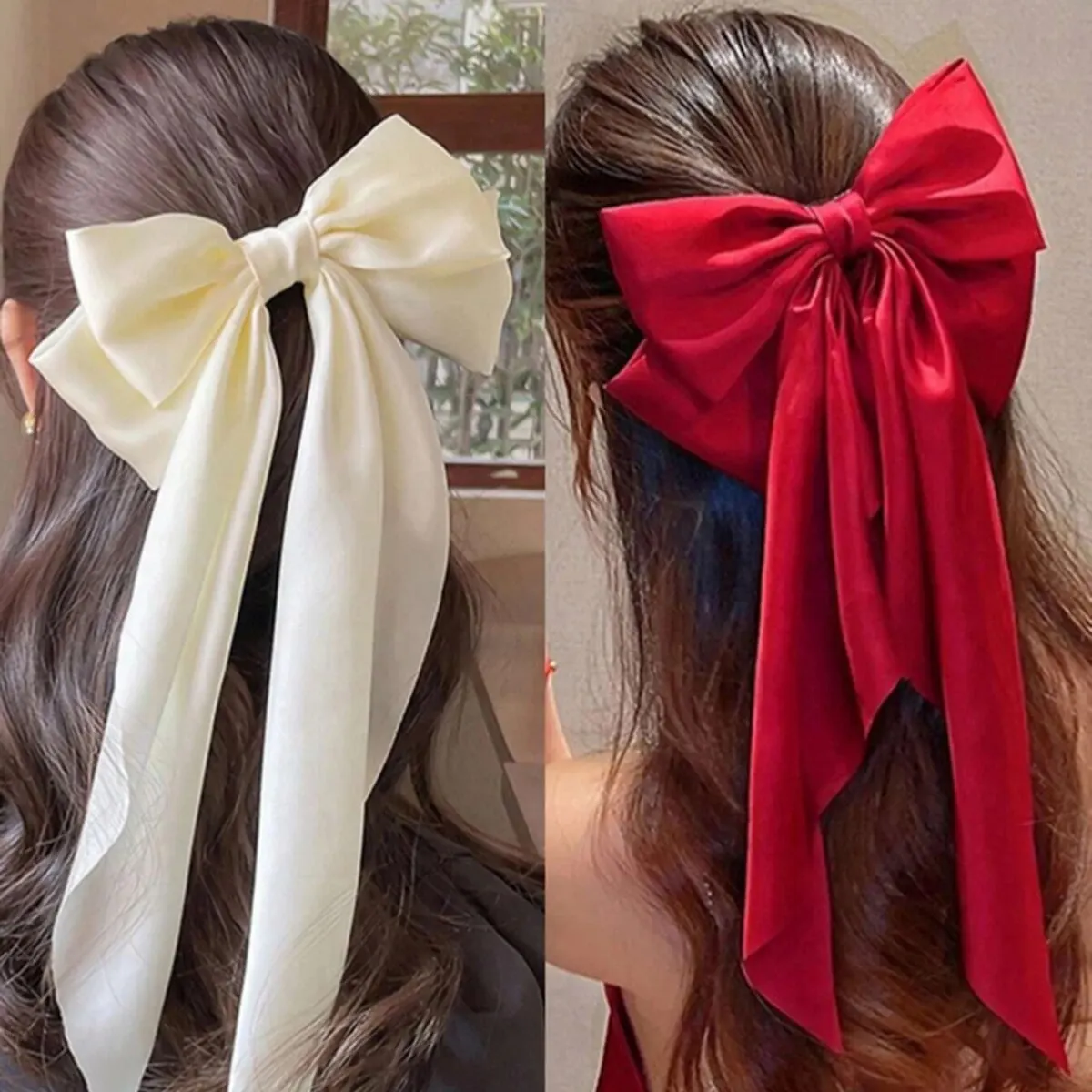 2PCS Solid Color Bow Ribbon Hair Clip Elegant Simple Hairpins Satin Spring Clip Girls Trendy Headwear Hair Accessories for Women