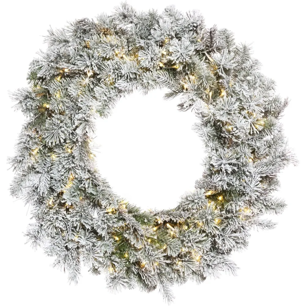 

36" Flocked Kiana Artificial Christmas Wreath, Warm White Wide Angle 3mm Low Voltage LED Lights