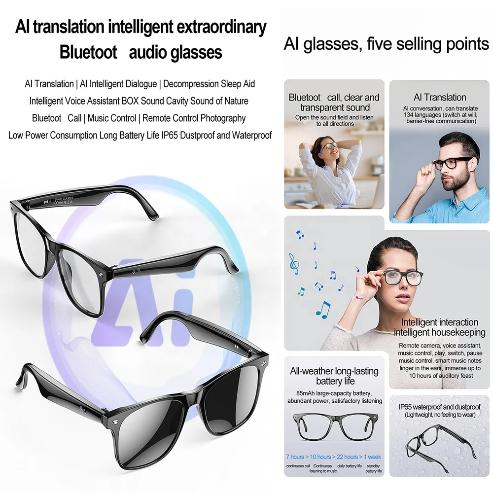 Trendy Wireless Artificial Intelligence Smart Ai Eyeglasses Digital Connected Audio Phonic Music Ai Smart Glasses Translator