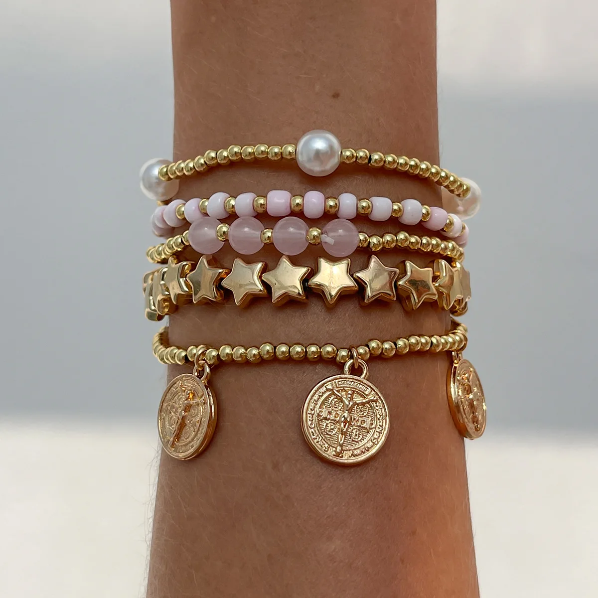 Retro Round Carved Pendant Bracelet 2025 Multi Layer Gold Color Star Round Bead Elastic Thread Woven Girls' Fashion Jewelry image 3