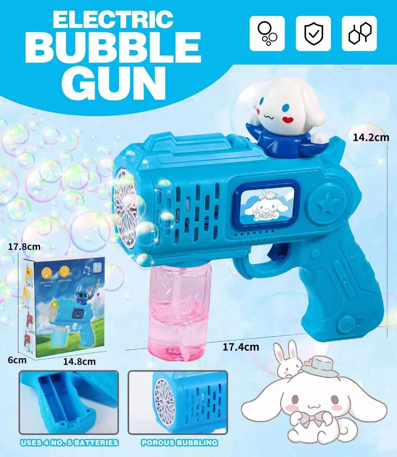 Hello Kitty Pistolet do baniek Zabawka Elektryczna maszyna do baniek mydlanych Wyrzutnia porowata w kształcie baniek bez wody bąbelkowej i baterii