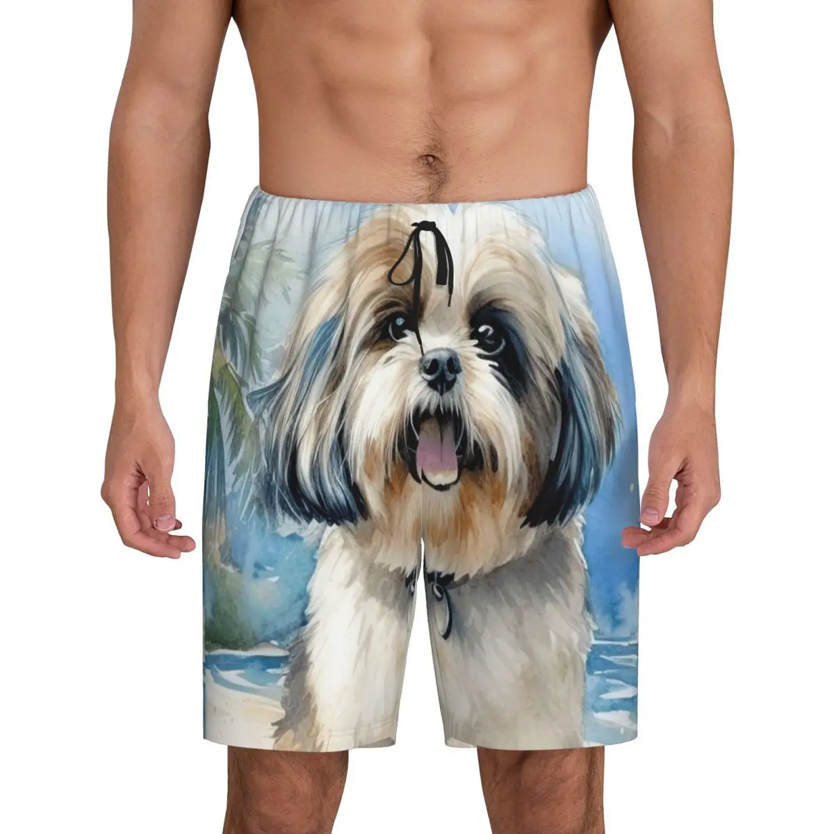 

Короткие пижамные штаны с изображением ши-тцу на пляже, мужская одежда для сна, шорты для отдыха, штаны для сна