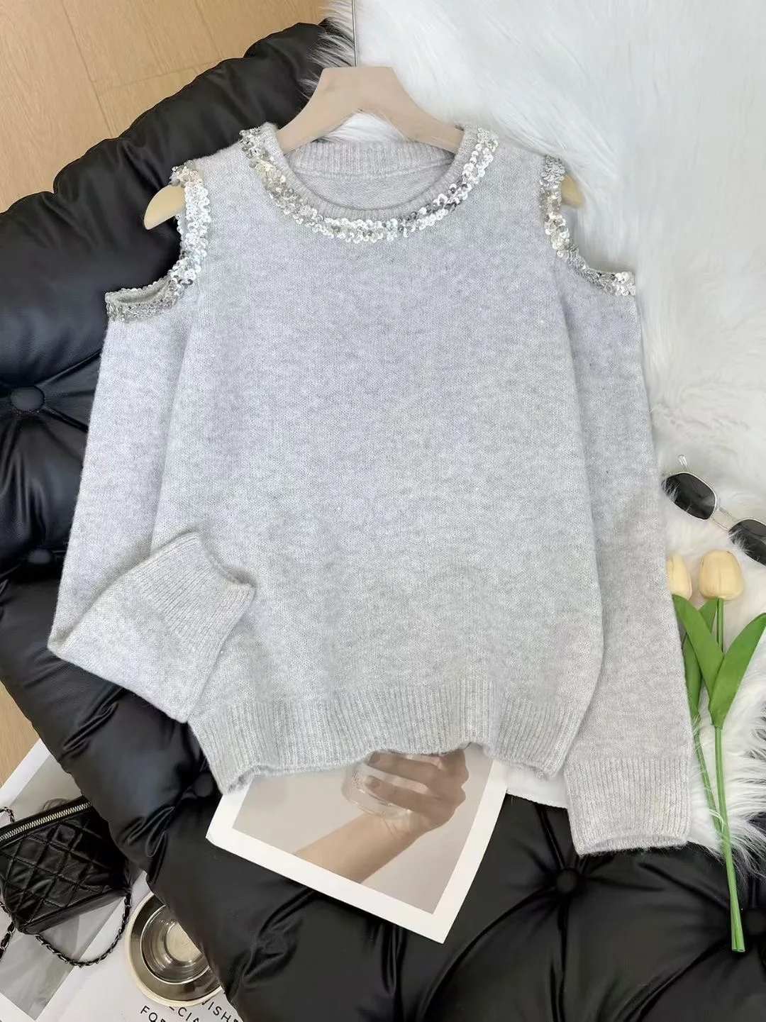 Suéter F de Manga Longa com Lantejoulas, Design Doce e Picante, Tamanho ande, Outono Inverno, Plus Size, E e ...