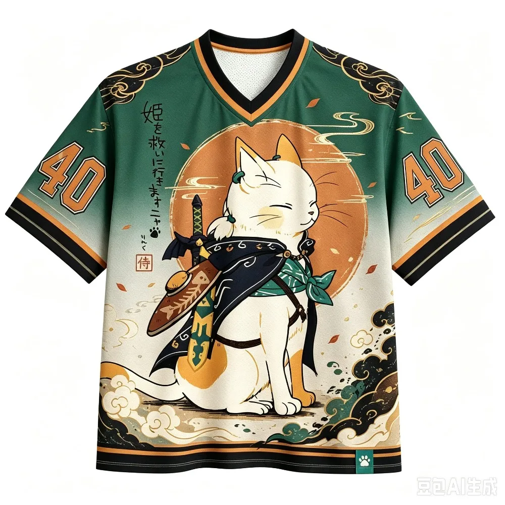 Harajuku Japanische Samurai-Katze 3D-Druck Sport Schnelltrocknend Atmungsaktiv Herren V-Ausschnitt T-Shirt Outdoor Street Casual Y2K Eltern-Kind-Kleidung – Detail 5