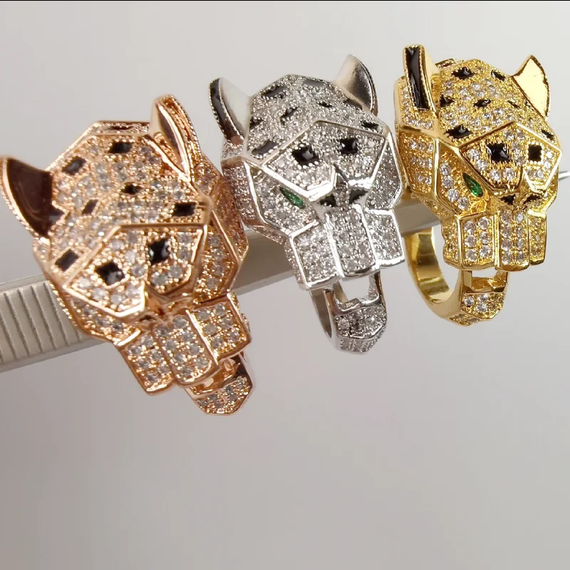 Designer Collection Style Ring Men Women Lady Inlaid Cubic Zircon Black Patches Green Eyes Leopard Head Panther Rings
