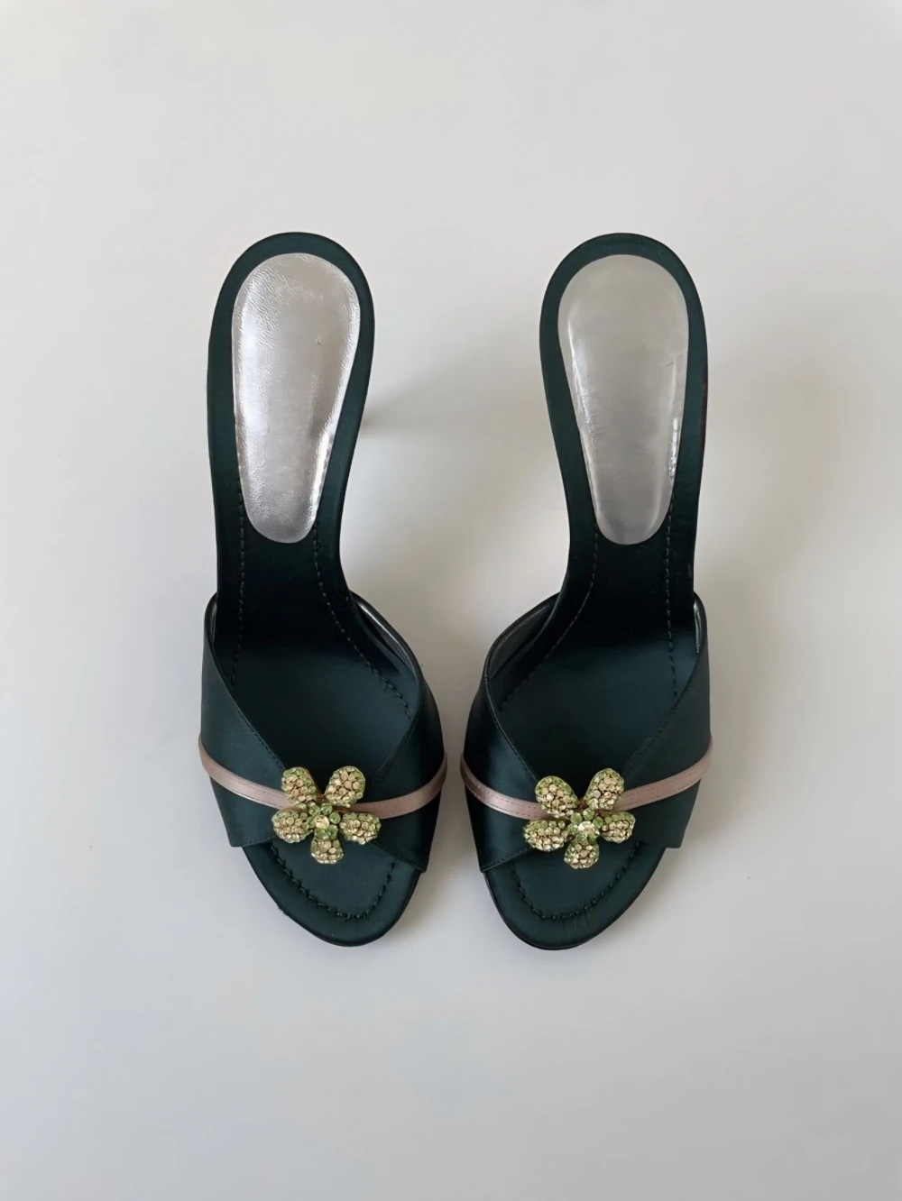 

Retro Floral Dark Green Satin Sandals Crystal Flower Accents Peep-Toe Stiletto Heels Elegant Women's Summer Sandals