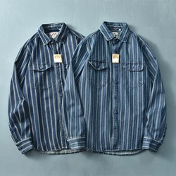 Spring and autumn new tide men's long-sleeved striped retro washed nostalgia loose blue denim shirt coat