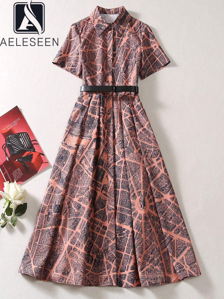 

AELESEEN Vintage Summer Shirt Dress Women Runway Fashion Turn-down Collar Printed Elegant Midi Pocket Party Holiday