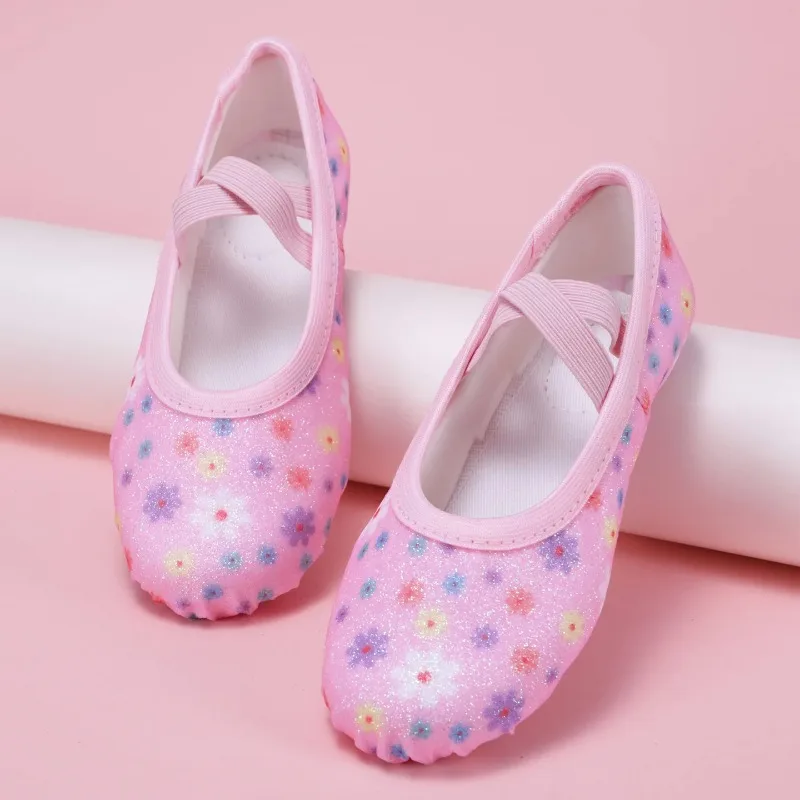 NEW Shiny Glitter Pink Flower Children's Dance Shoe Cross-border Sports New Girls Practice Ballet Cat Claw Ballerina Shoes