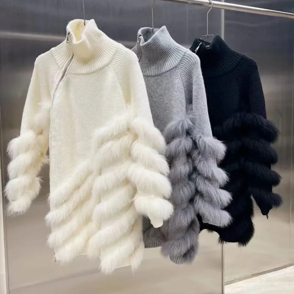 本物のキツネの毛皮で作られた女性用ニットカーディガン,モノクロプルオーバー,ウールセーター,ハイカラー,暖かい,女性のファッション,冬,2024