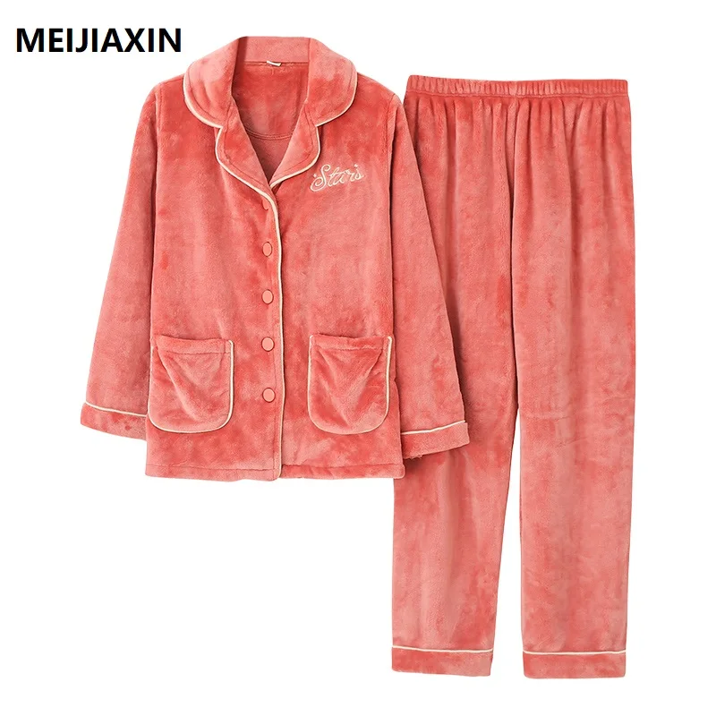 

Autumn Winter Thick Warm Women Flannel Pajamas Set Long Sleeve Turn-down Collar Loose Soft 3XL Female Homewear Nighty