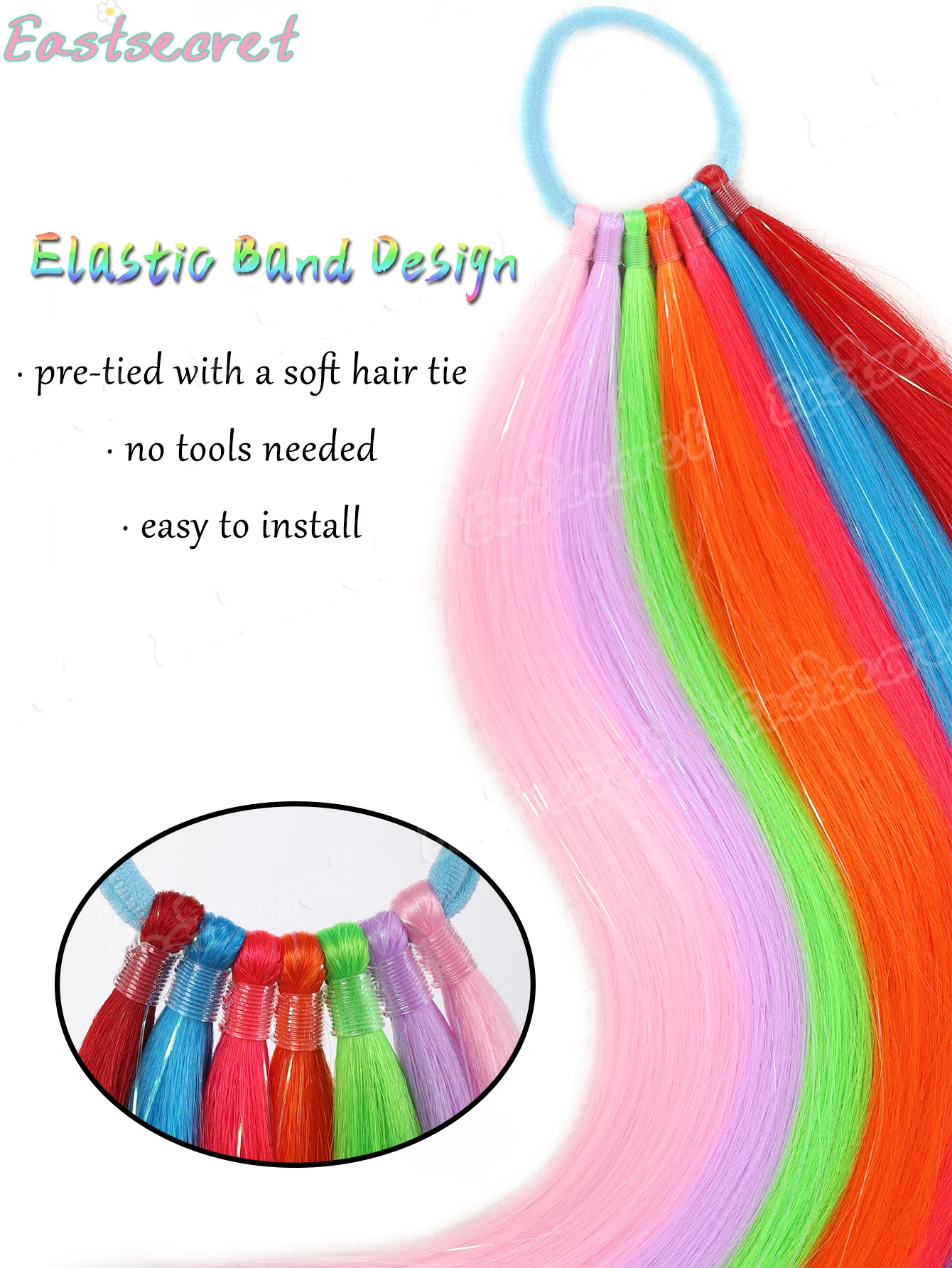 EAST Rainbow Glitter Tinsel Ponytail Hair Extensions Synthetic Straight Hair Scrunchie Festival Party Women Cosplay Hairstyle
