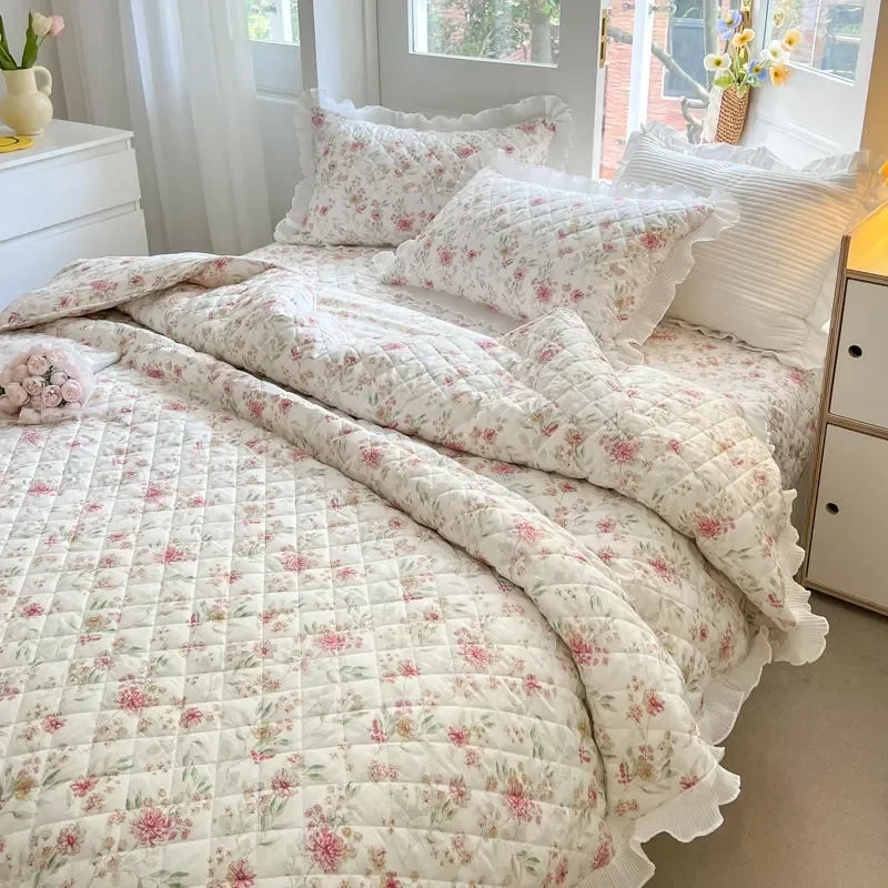 

100%Cotton Premium Quality Soft Duvet Cover Bedspread Coverlet Pillow shams Diamond Quilted Floral Ruffled Comforter Cover set