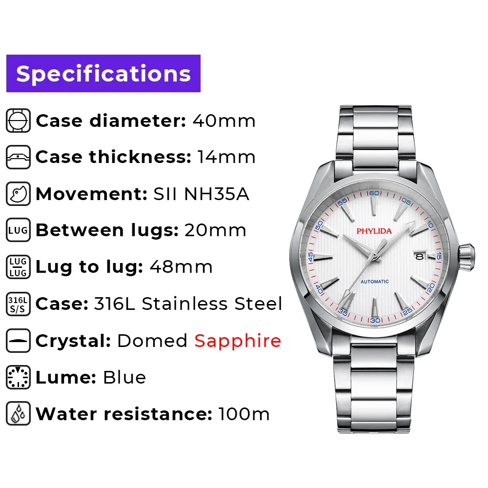 PHYLIDA 40mm NH35A 자동 시계 화이트 다이얼 패션 클래식 기계식 손목 시계 솔리드 SS 사파이어 크리스탈 아쿠아 100M