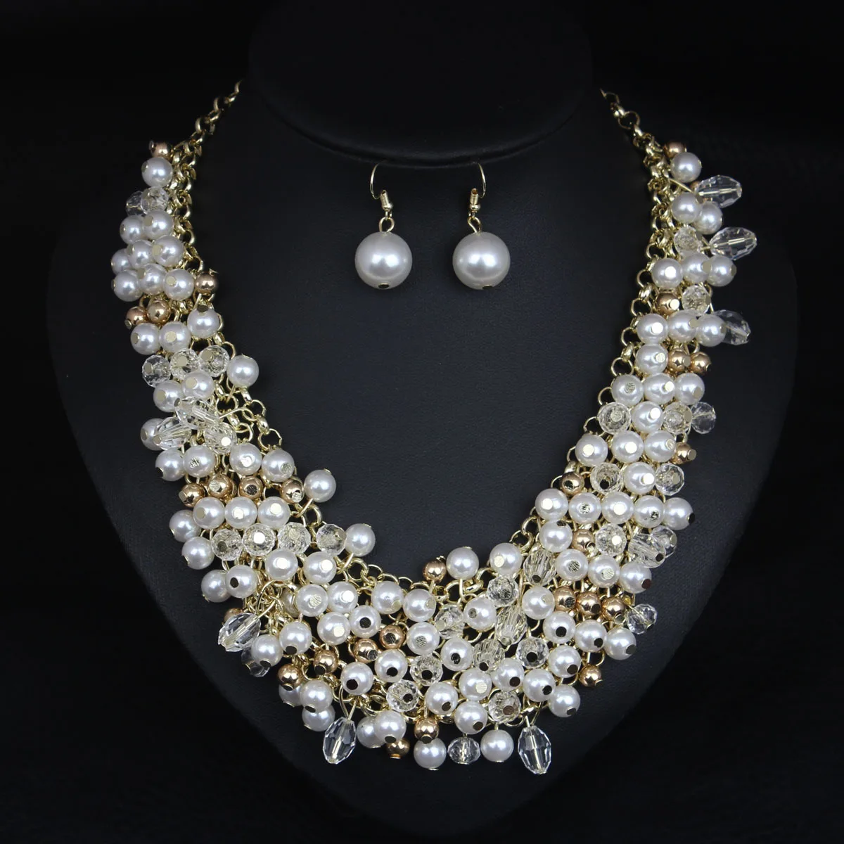 

DIY accessories Cross-border, European and American temperament pearl rhinestone necklace earrings set multi-layer women's colla