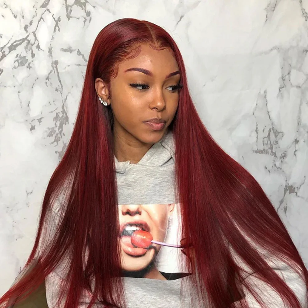 

40 Inch 99J Colored 13x4 HD Lace Frontal Human Hair Wigs for Women Pre Plucked 13x6 Burgundy Straight Lace Front 200 Density Wig
