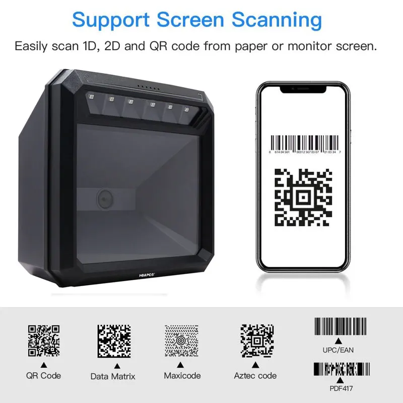 HBAPOS 2D QR Codes Decoder, Omnidirectional Desktop Barcode Scanner Automatic Hands-Free Platform 1D Reader for POS PC Windows