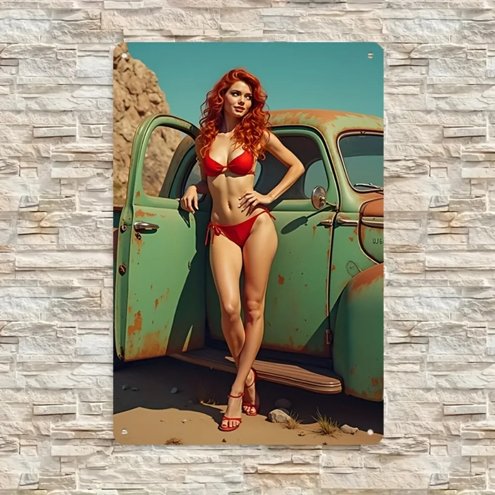2D flach, 1 Stück Retro Pinup Metallschild 8x12 Zoll – Vintage Redhead in Rot Bikini & Grün Oldtimer Wandkunst, langlebige Metallgarage