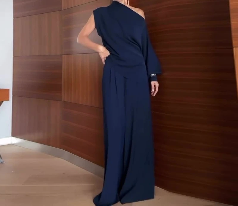 

2026 Autumn New Women's Wear Elegant Slant Neck Blue Casual Comfortable Two Piece Set