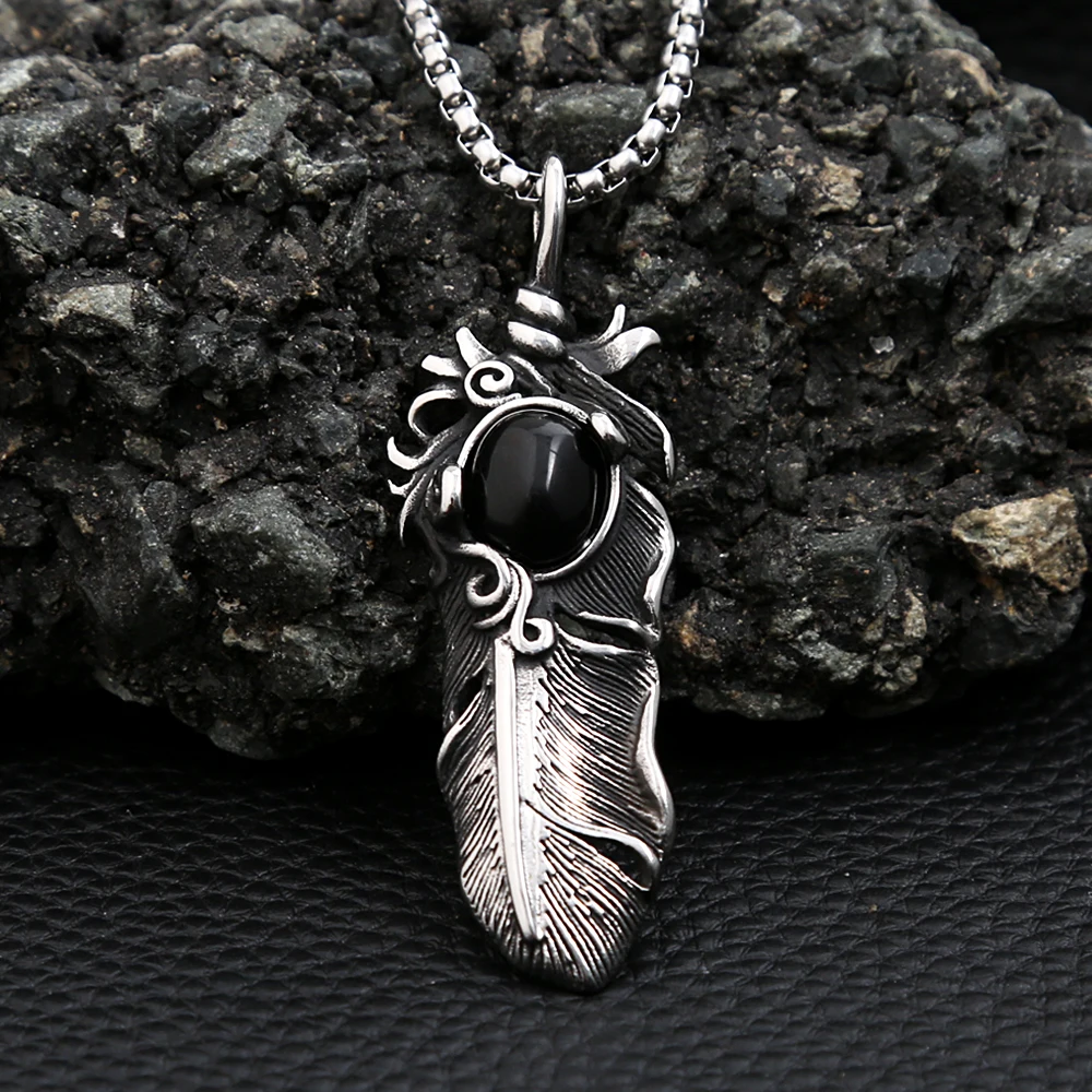 Vintage Stainless Steel Feather Pendant Necklace For Men Women Punk Creative Stone Necklaces Fashion Jewelry Gift Dropshipping