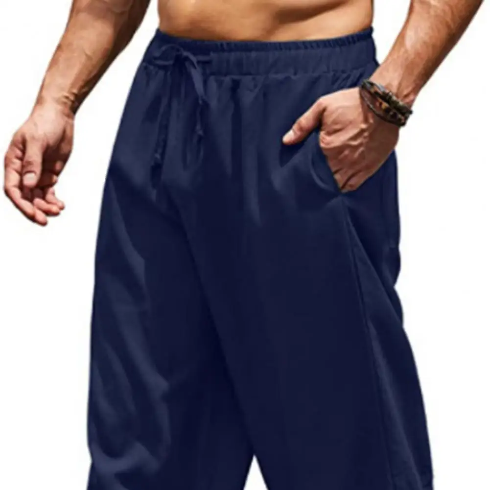 

2025 Men Cotton Linen Pants Summer and Autumn Solid High Waist Wide-Leg Trousers Male Loose Casual Breathable Sports Pants