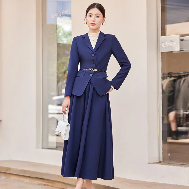 Insozkdg Women Blazer Suits Autumn 2 Pieces Set Single-Breasted Belt Blazers Tops A-Line Skirt Casual Office Work Suit