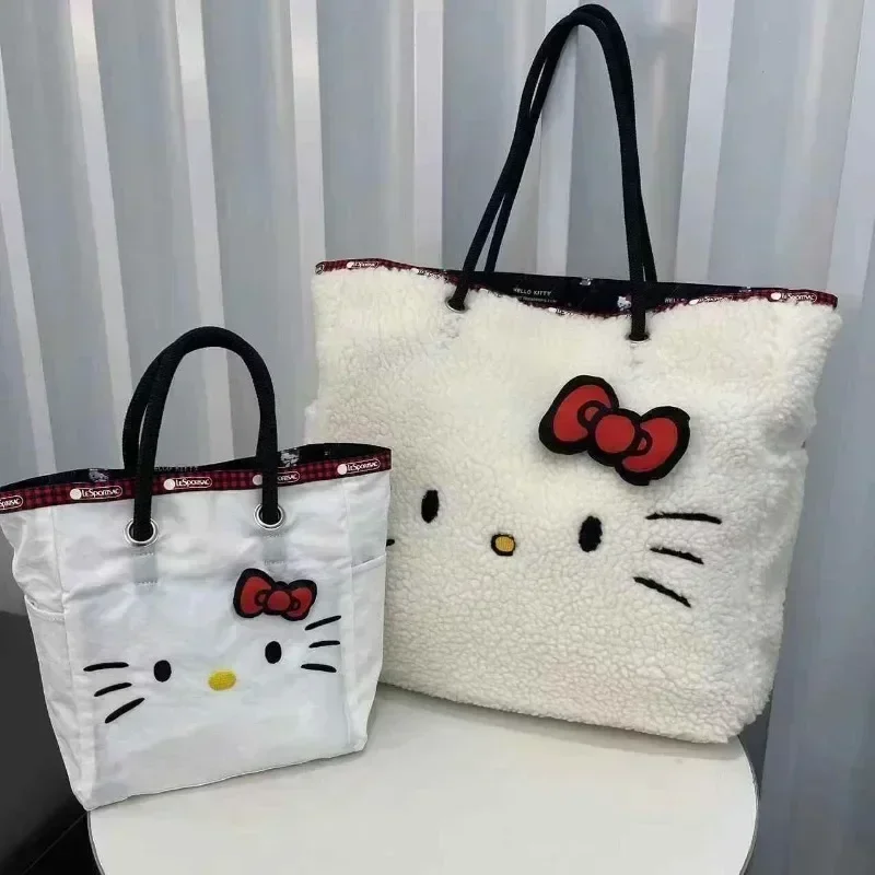 Sanrios New Female Hellokittys Printed Double Sided Cartoon Nylon Plush Shoulder Bag Anime Kawaii Casual Large Capacity Tote Bag