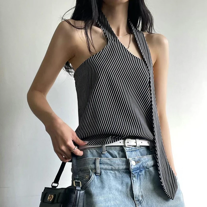 Stripped Print Halter Top Women Edgy Clothes Y2k Accessories Neck-mounted Camison Verano Backless Ropa De Mujer Summer Outfits