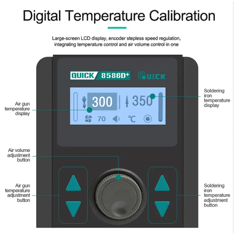 Rotating soft wind double station 2-in-1 precise temperature control auto sleep/encoder stepless speed regulation QUICK 8586D+