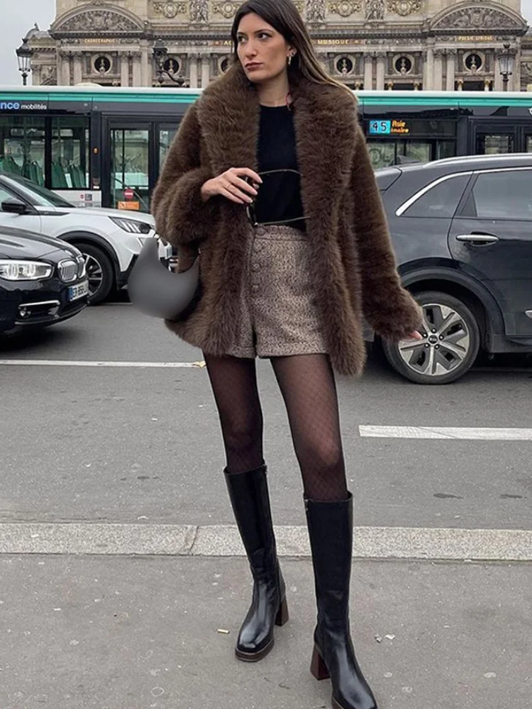 2024 New Fluffy Warm Solid Faux Fur Coat Women Elegant Lapel Long Sleeves Thick Cardigan Winter Fashion Lady Highstreet Outwears